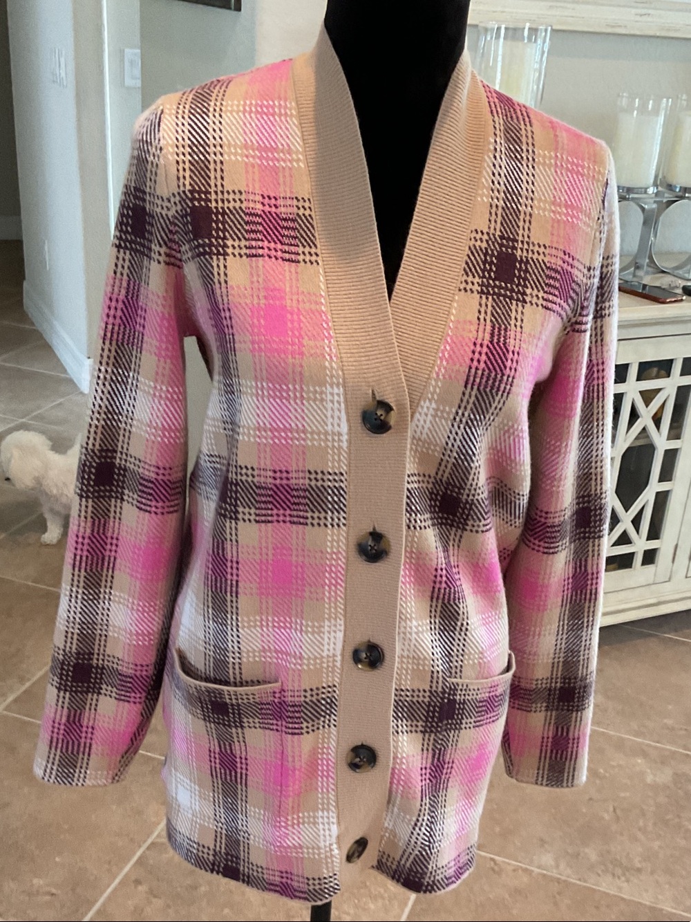 Ann Taylor button front cardigan, tan/pink/brown, size small